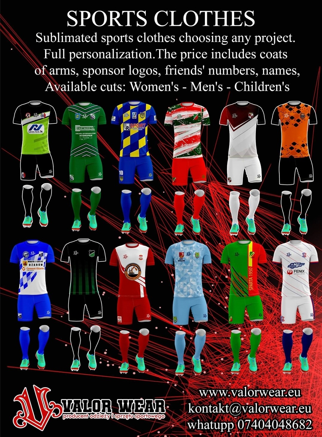 Katalog sublimowanej odzieży sportowej z różnymi projektami, w tym stroje piłkarskie z logo sponsorów, numerami i nazwami, dostępne w kroju damskim, męskim i dziecięcym, prezentowane na czarnym tle...