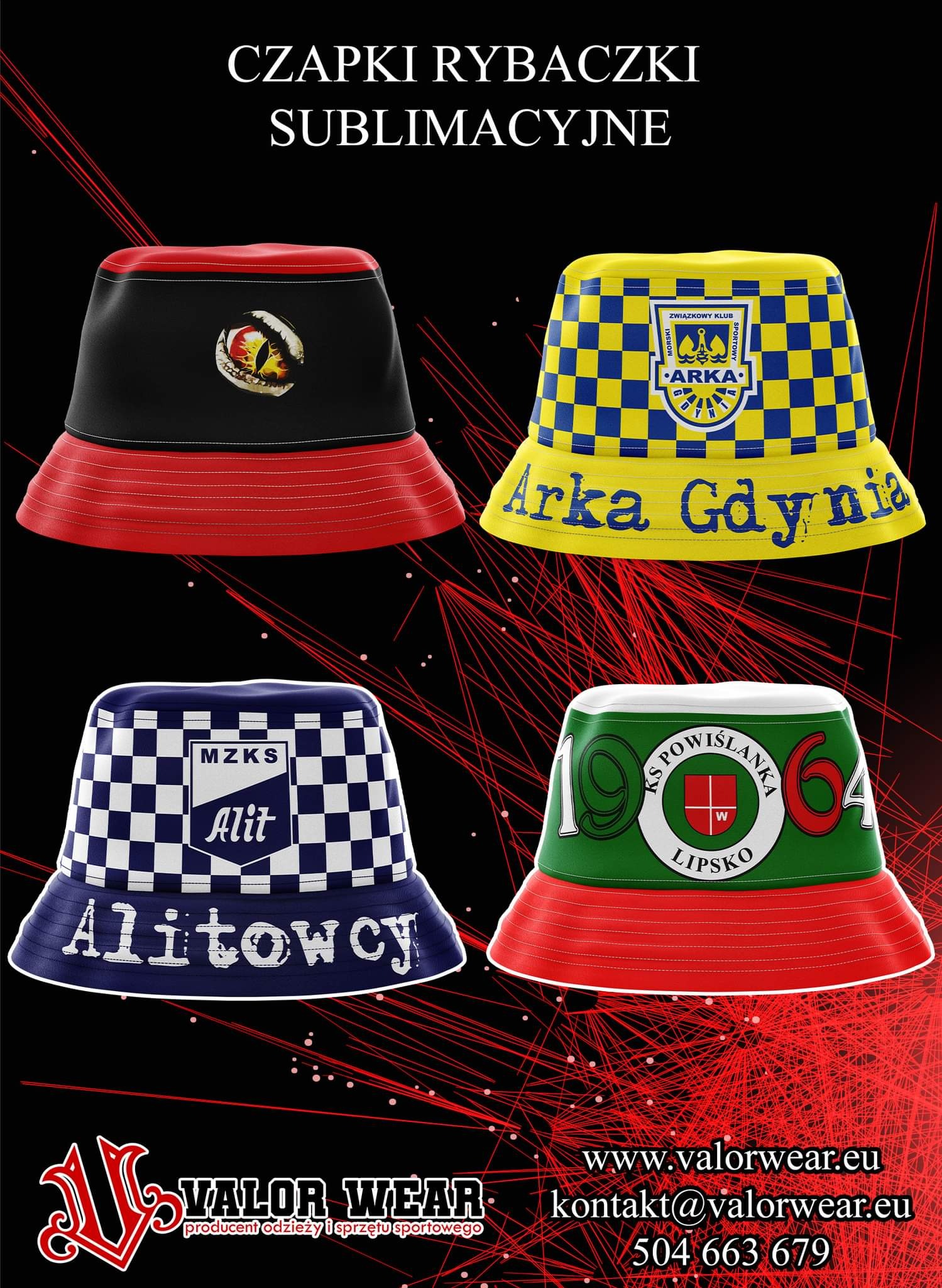 Cztery czapki rybackie z nadrukami sublimacyjnymi: czarna z okiem smoka, żółto-niebieska w kratkę z logo Arki Gdynia, granatowo-biała w szachownicę z napisem Alitowcy, zielono-biało-czerwona z logo...