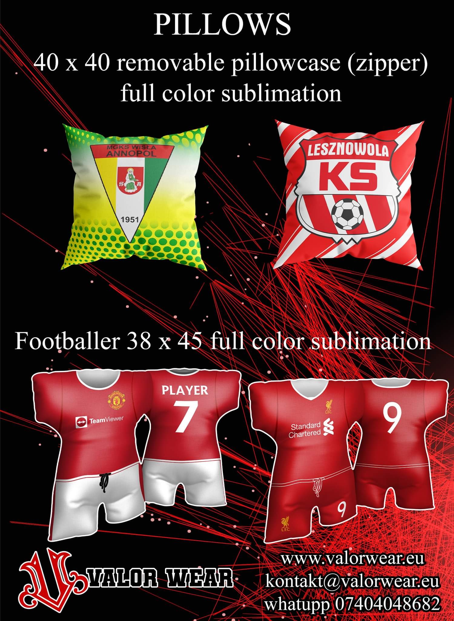 Grafika przedstawiająca poduszki i stroje sportowe z nadrukami sublimacyjnymi: poduszki z herbami klubów MGKS Wisła Annopol i Lesznowola KS oraz stroje piłkarskie Manchester United i Liverpool FC...