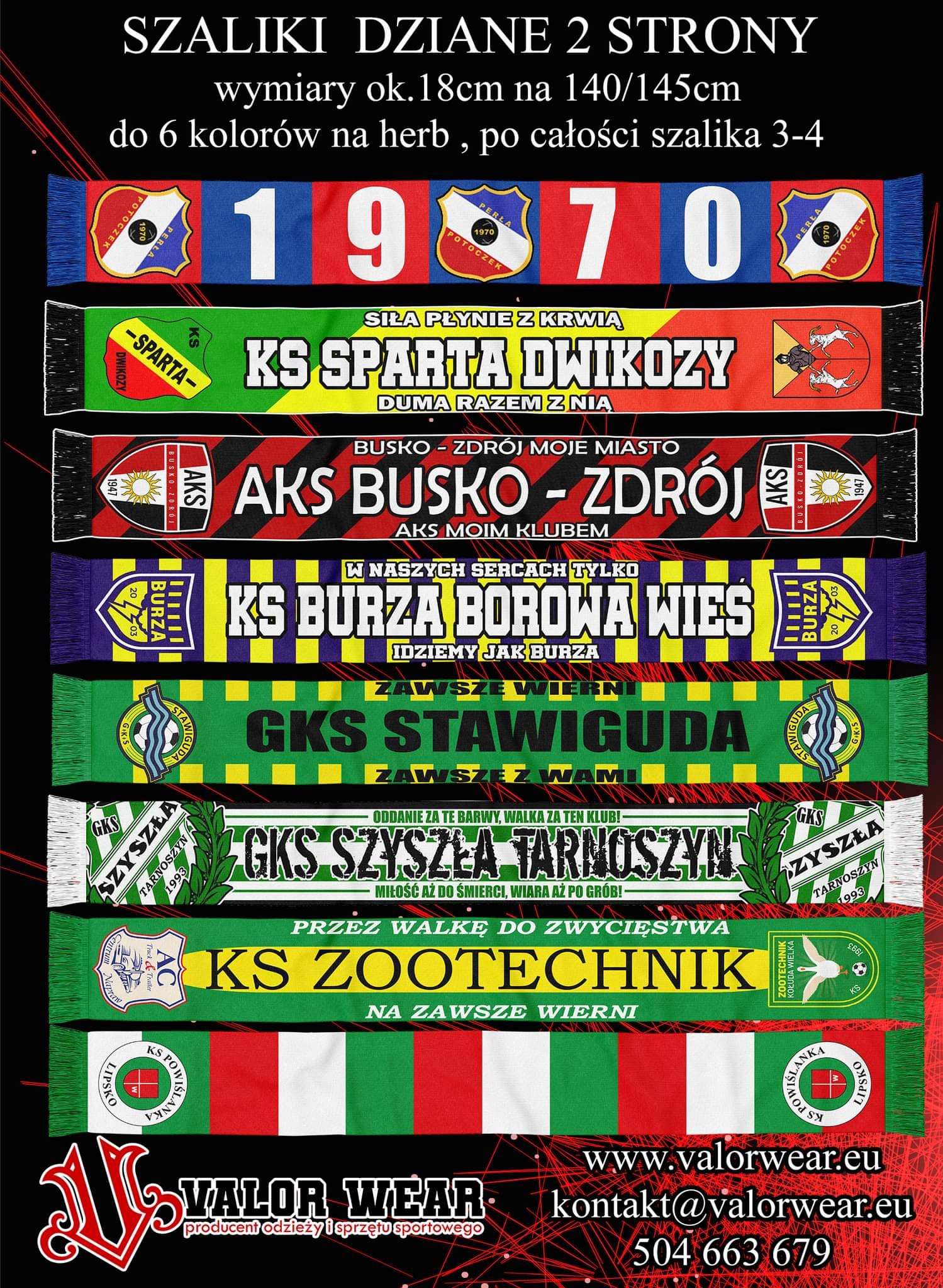 Prezentacja dzianych szalików klubów sportowych z nazwami drużyn i herbami, ułożonych jeden pod drugim na czarnym tle, z informacją o producencie odzieży sportowej na dole.