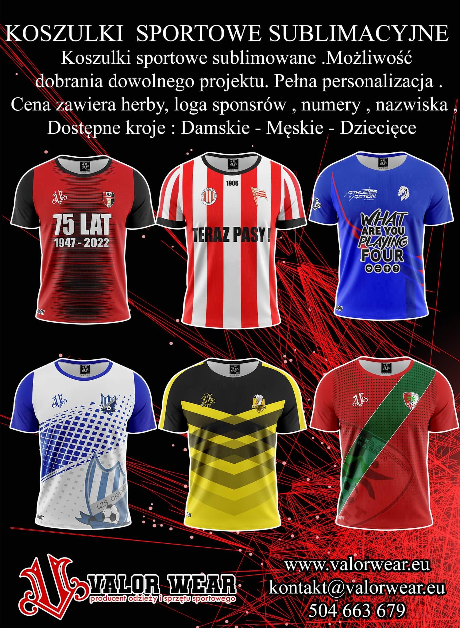 Katalog sublimowanych koszulek sportowych z herbami, logami sponsorów, numerami i nazwami, dostępne w krojach damskich, męskich i dziecięcych.