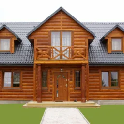 Gotowy dom z drewnianych bali z balkonem, szarą dachówką i jasną ścieżką wejściową.