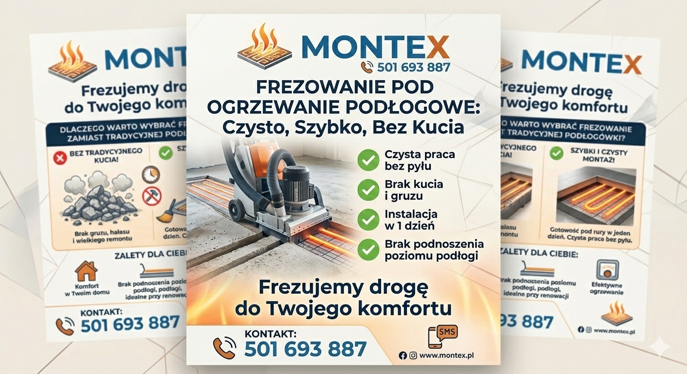 Plakat reklamowy frezowania pod ogrzewanie podłogowe firmy Montex. Czysto, szybko, bez kucia. Widoczna frezarka i rozłożone rury. Kontakt: 501 693 887.