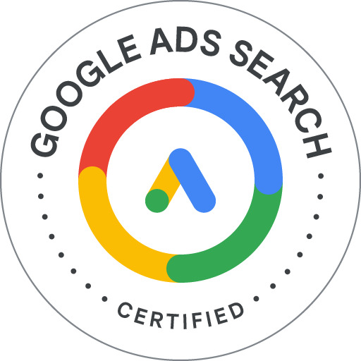 Okrągła odznaka Google Ads Search Certified z kolorowym logo Google Ads w centrum i napisem dookoła.