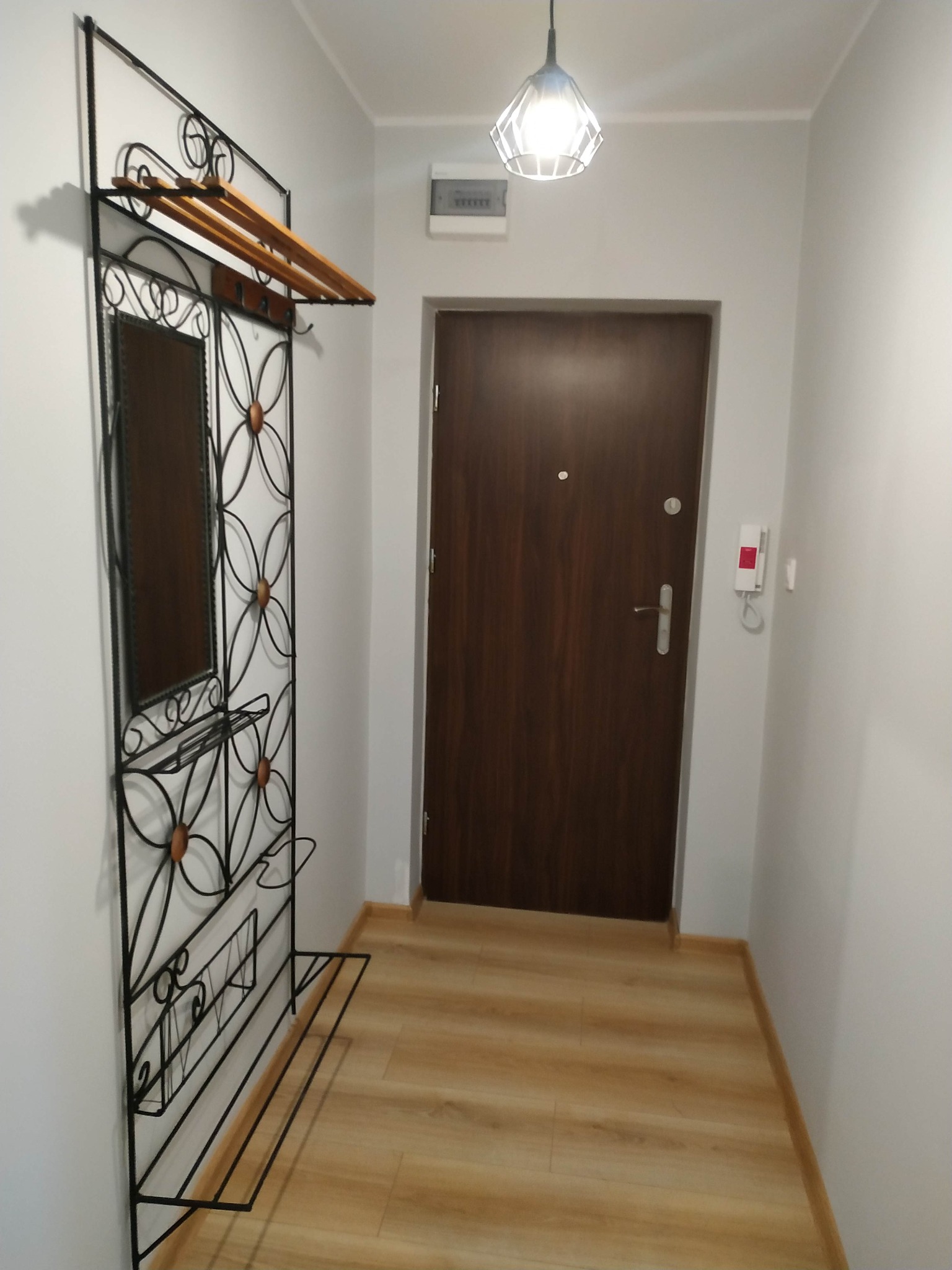 Przedpokój z drewnianą podłogą, ciemnymi drzwiami wejściowymi i metalowym wieszakiem z lustrem w stylu retro.