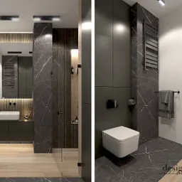 Nowoczesna łazienka z marmurowymi płytkami, drewnianą podłogą i minimalistyczną armaturą. Umywalka nablatowa, podwieszana toaleta, grzejnik drabinkowy i szklana kabina prysznicowa.