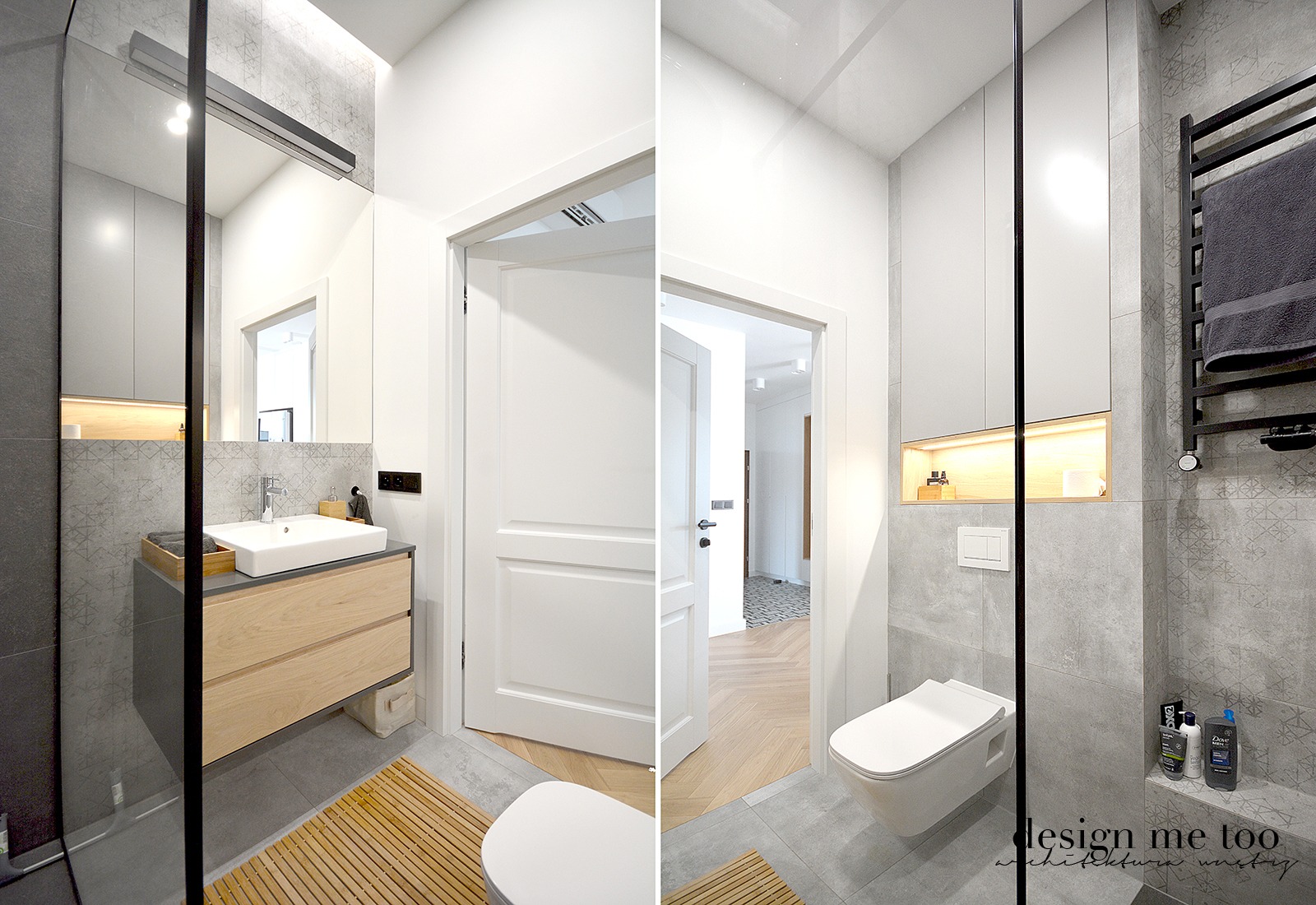 Nowoczesna łazienka w szarościach z drewnianymi akcentami: umywalka nablatowa na szafce z jasnego drewna, szare płytki z delikatnym wzorem, wisząca toaleta i grzejnik ręcznikowy w czarnym kolorze.