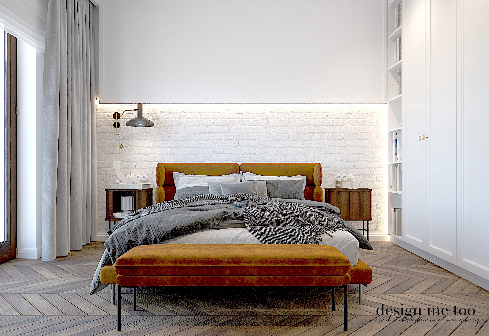 Nowoczesna sypialnia z ceglaną ścianą, łóżkiem z musztardowym zagłówkiem, drewnianą podłogą w jodełkę i białymi meblami.