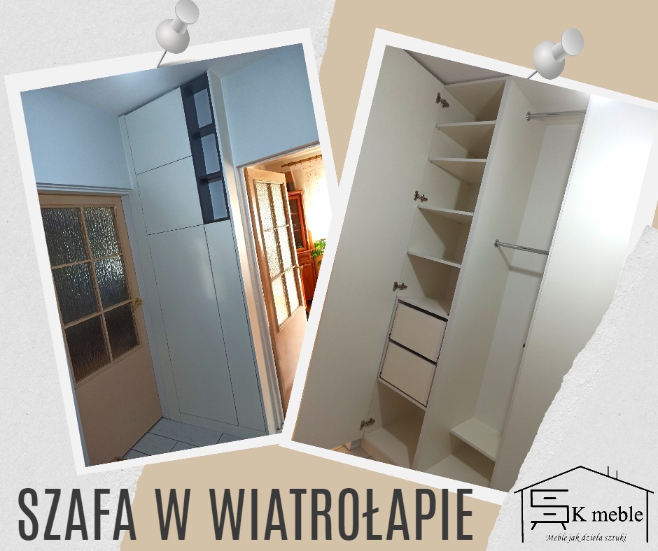 Szafa w wiatrołapie, fronty z białej płyty (Biel Arktyczna U11027 PFLeiderer), regał z płyty antracytowej (Antracyt U12290 PFLeiderer), widoczne wnętrze szafy z półkami i szufladami, drzwi...