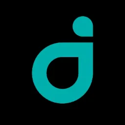 Turkusowe logo firmy na czarnym tle, przypominające literę 'd' z kropką u góry.