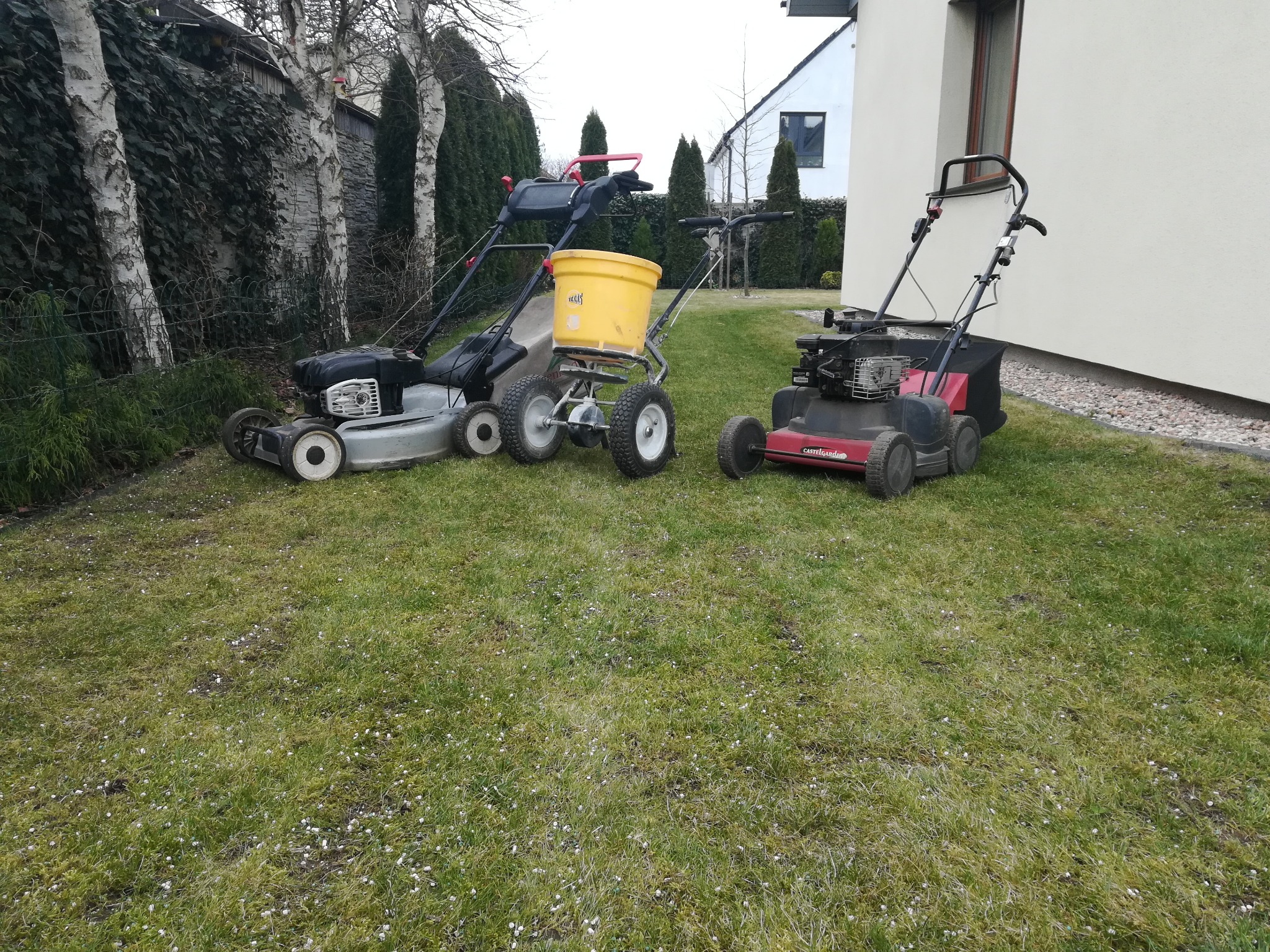 Dwie kosiarki spalinowe i rozsiewacz nawozu na trawniku z widocznymi białymi granulkami nawozu, w tle budynek i drzewa.