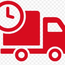 Czerwona ikona przedstawiająca ciężarówkę z zegarem, symbolizująca szybką dostawę.