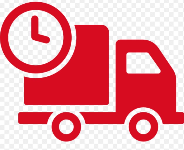 Czerwona ikona przedstawiająca ciężarówkę z zegarem, symbolizująca szybką dostawę.