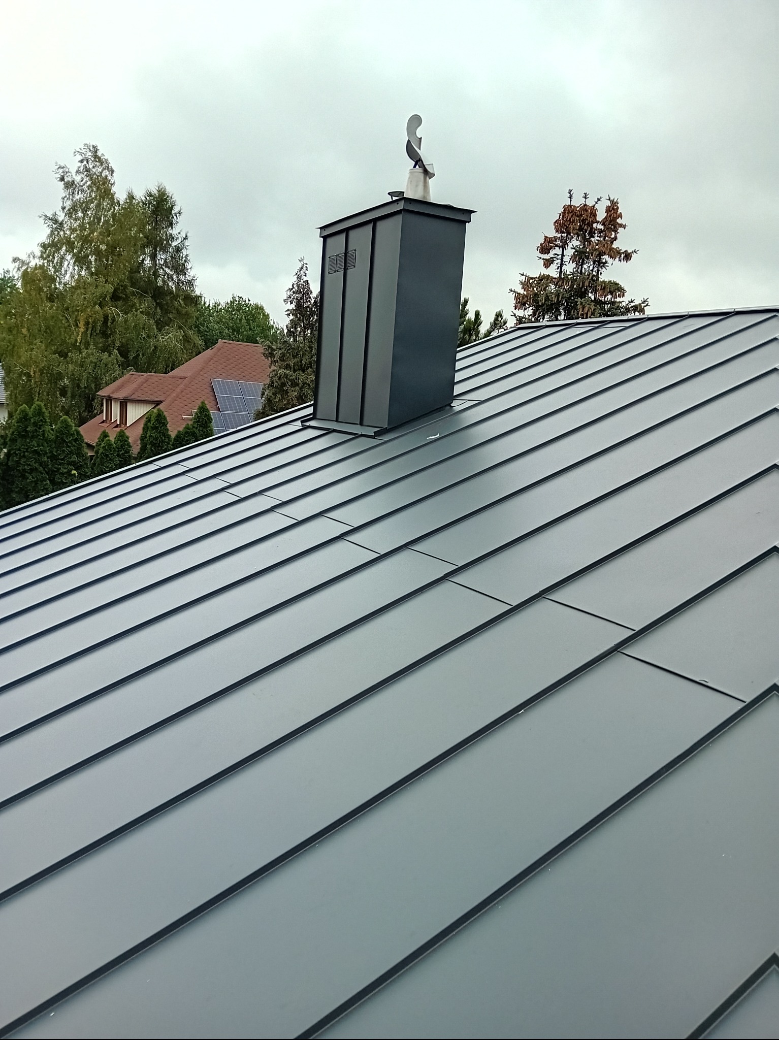 Szary dach z blachy na tle pochmurnego nieba, z widocznym kominem zwieńczonym ozdobną figurką. W tle dom z panelami słonecznymi i drzewa.