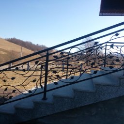 KRYMART Kowalstwo Artystyczne Krzysztof Misiewicz - Kute, czarne balustrady schodowe z motywem liści na zewnątrz budynku. W tle wzgórze i błękitne niebo. Schody wyłożone szarym kamieniem.