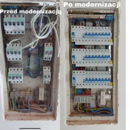 Porównanie stanu rozdzielnicy elektrycznej: po lewej stronie widok przed modernizacją z nieuporządkowanymi przewodami i starymi bezpiecznikami, po prawej stronie widok po modernizacji z nowymi...