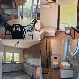 Kolaż czterech zdjęć przedstawiających różne pomieszczenia: jadalnię z okrągłym stołem i czarnymi krzesłami, salon z beżową sofą i zieloną ścianą, kuchnię z szarymi szafkami i drewnianym blatem...