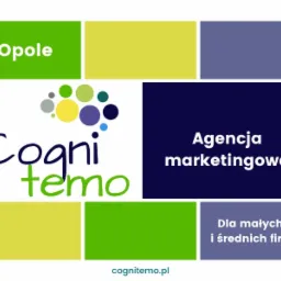Grafika z logo firmy Cognitemo, specjalizującej się w marketingu dla małych i średnich firm z Opola. Kolorowe bloki tworzą tło dla nazwy firmy i hasła.