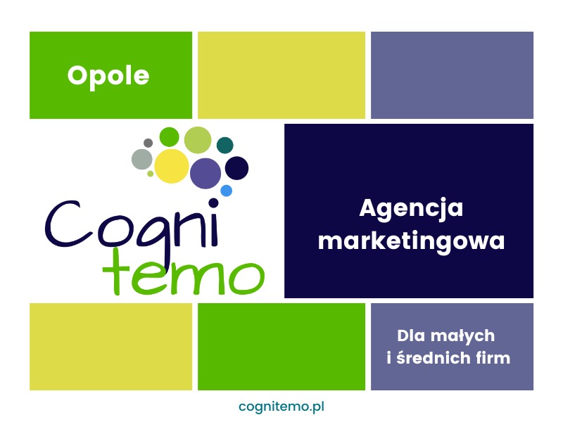 Grafika z logo firmy Cognitemo, specjalizującej się w marketingu dla małych i średnich firm z Opola. Kolorowe bloki tworzą tło dla nazwy firmy i hasła.