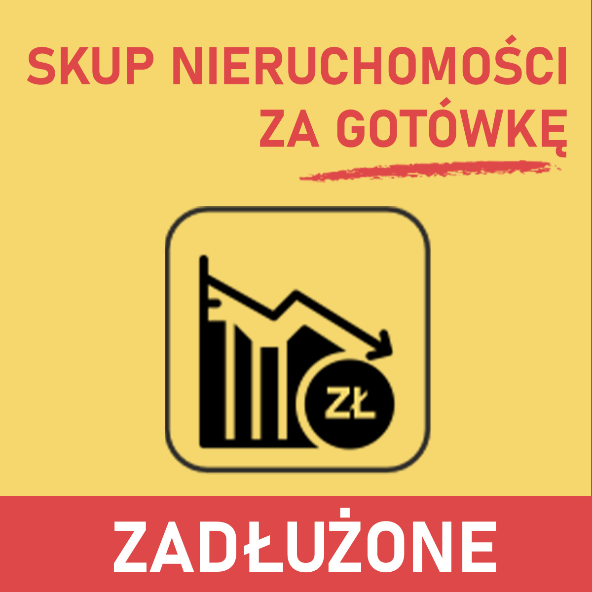 Grafika: Skup nieruchomości za gotówkę, zadłużone. Wykres spadkowy z symbolem złotówki na żółtym tle. Oferta szybkiego skupu zadłużonych nieruchomości.