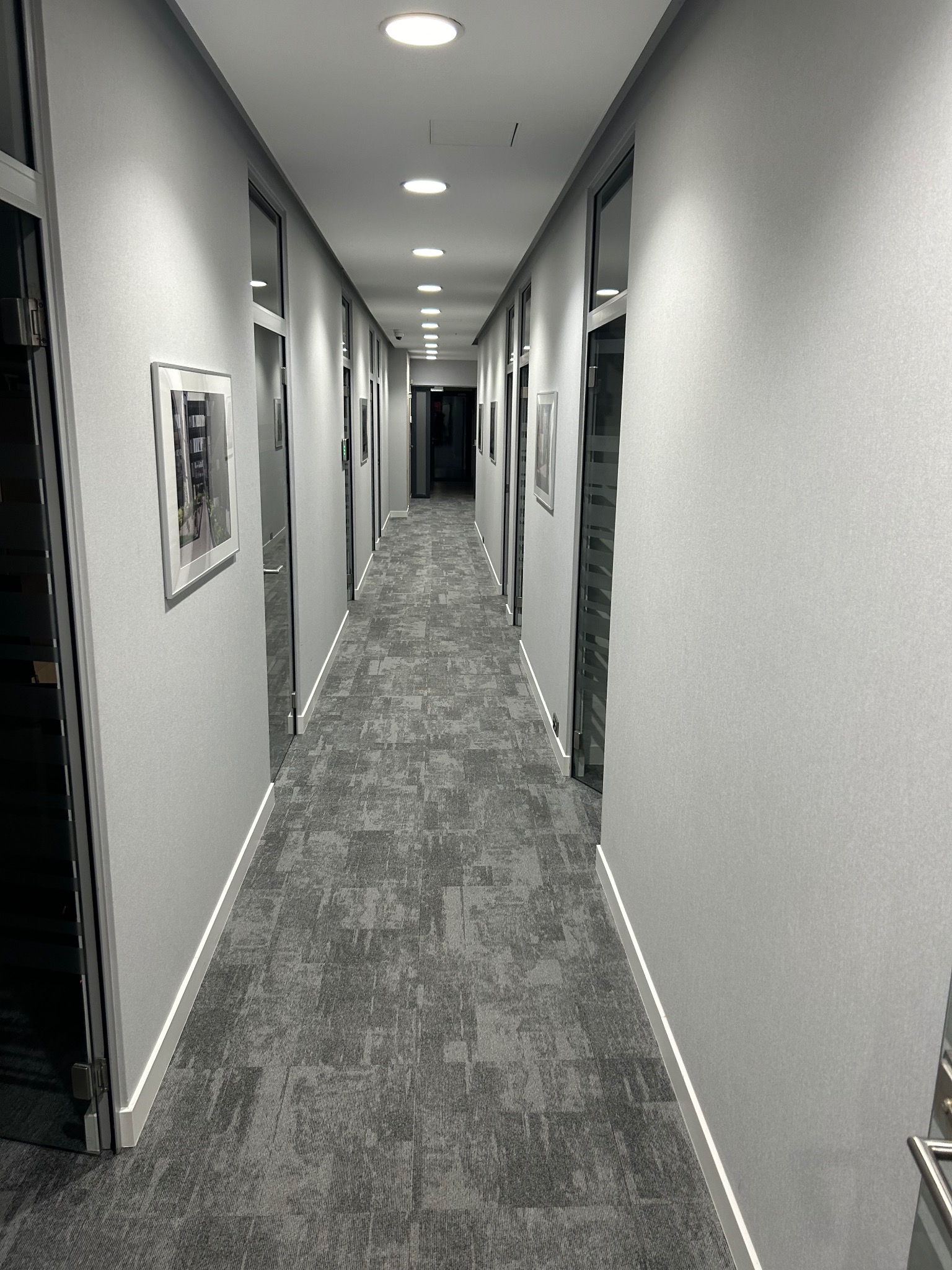 Długi korytarz biurowy z szarą wykładziną dywanową w geometryczne wzory, oświetlony szeregiem okrągłych lamp sufitowych, z drzwiami po obu stronach i obrazami na ścianach.