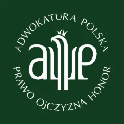 Logo Adwokatury Polskiej na ciemnozielonym tle, stylizowane litery 'a' i 'p' w kształcie orła z koroną, otoczone napisem 'Adwokatura Polska Prawo Ojczyzna Honor'.