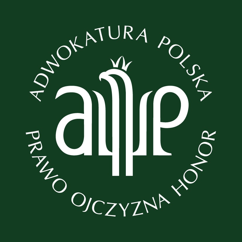 Logo Adwokatury Polskiej na ciemnozielonym tle, stylizowane litery 'a' i 'p' w kształcie orła z koroną, otoczone napisem 'Adwokatura Polska Prawo Ojczyzna Honor'.