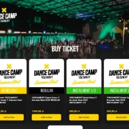 Strona internetowa z ofertą biletów na Dance Camp Youcandoit Summer Heat 2023 z opcjami zakupu: Blind Sale, Regular, Instalment 1/3 i Instalment 2/3.