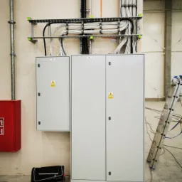 Rozdzielnice elektryczne z poprowadzonymi kablami w korytach, widoczna skrzynka przeciwpożarowa i drabina oparta o ścianę w hali.