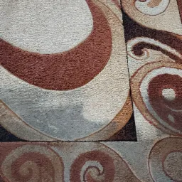 Dysza odkurzacza piorącego na wzorzystym dywanie w odcieniach beżu i brązu, widoczny fragment wyczyszczonej powierzchni.