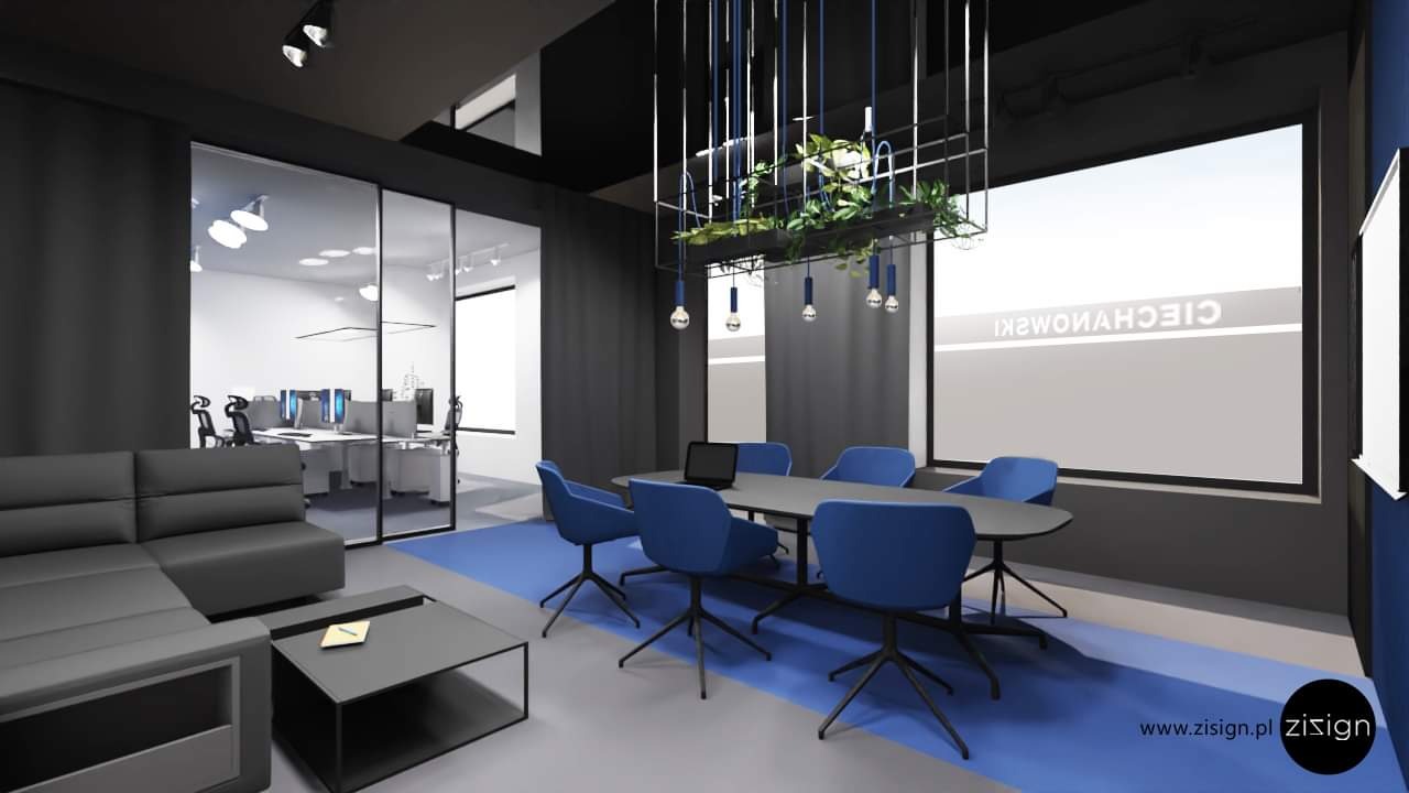 Wizualizacja nowoczesnego biura z szarą sofą, przeszkloną ścianą oddzielającą przestrzeń biurową z biurkami i komputerami, stołem konferencyjnym z niebieskimi krzesłami oraz oryginalnym...