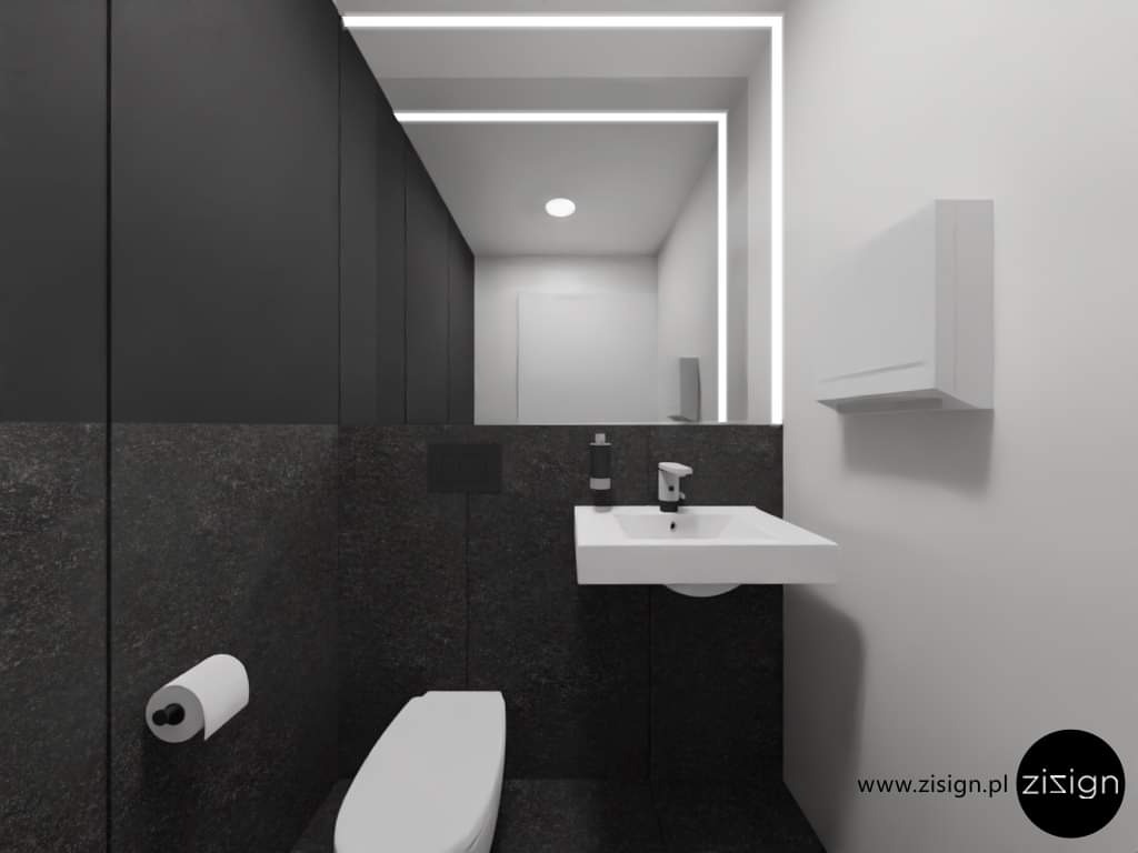 Nowoczesna łazienka w odcieniach szarości z podświetlanym lustrem, wiszącą umywalką i toaletą, uzupełniona o minimalistyczny podajnik na ręczniki.