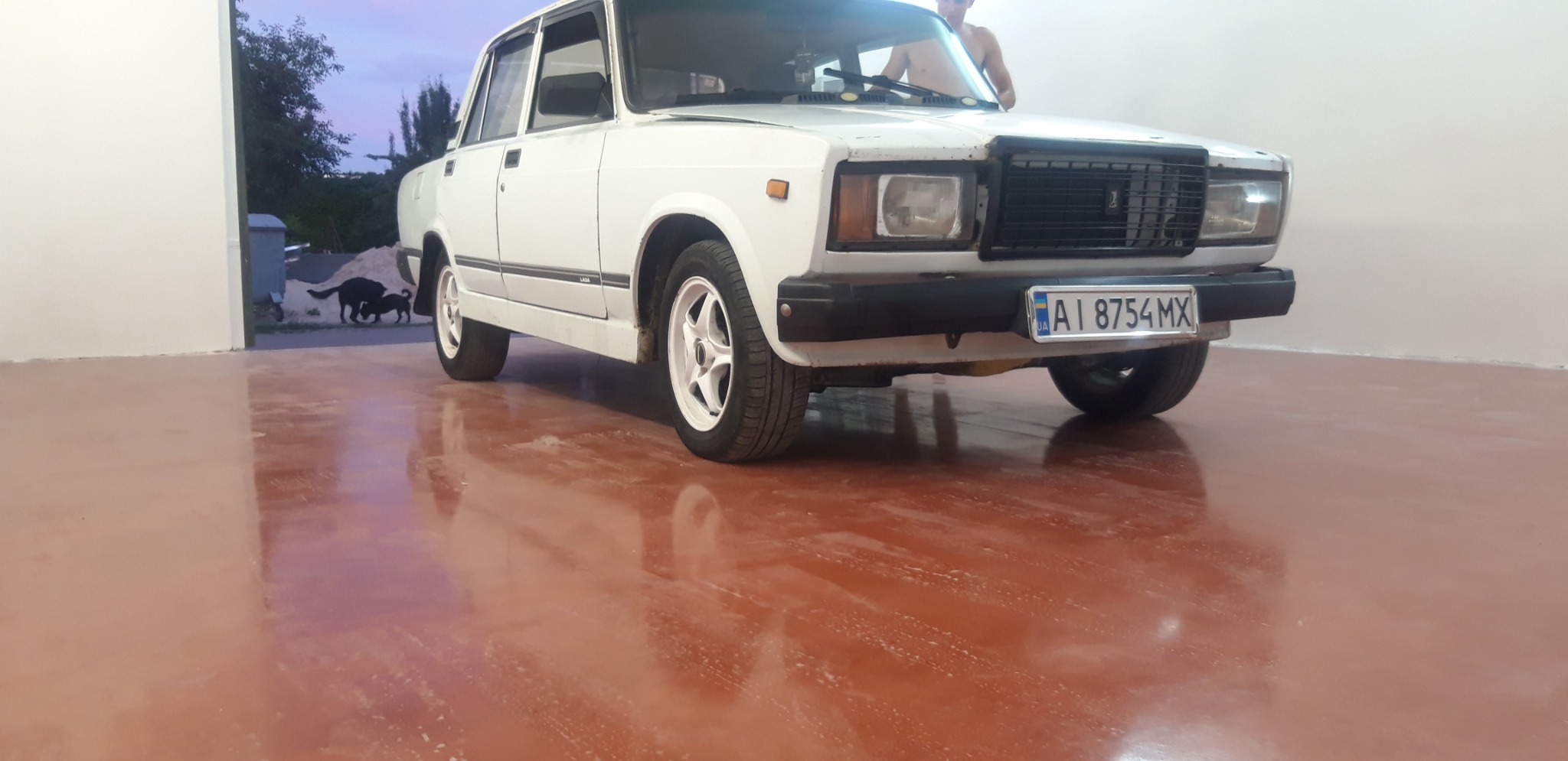 Błyszcząca, brązowa posadzka żywiczna w garażu, na której stoi biały samochód marki Lada; w tle widoczne dwa psy.