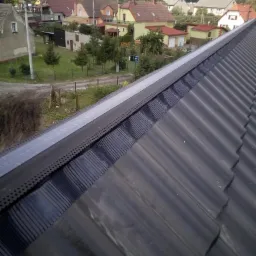 Fragment czarnego dachu z dachówki ceramicznej, z widoczną membraną wentylacyjną FIGAROLL PLUS i otoczeniem wiejskich zabudowań w tle.