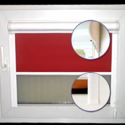 Czerwona roleta zwijana w białej ramie okiennej, z detalami mechanizmu i dolnej krawędzi rolety powiększonymi w okręgach.