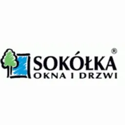 Logo firmy Sokółka Okna i Drzwi z motywem okna i drzewa w kolorze niebieskim i zielonym oraz napisem Sokółka Okna i Drzwi.