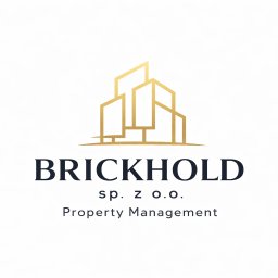 BRICKHOLD SPÓŁKA Z OGRANICZONĄ ODPOWIEDZIALNOŚCIĄ - Eleganckie logo firmy Brickhold sp. z o.o. z abstrakcyjnym złotym symbolem budynku i napisem 'Property Management' na jasnym tle.