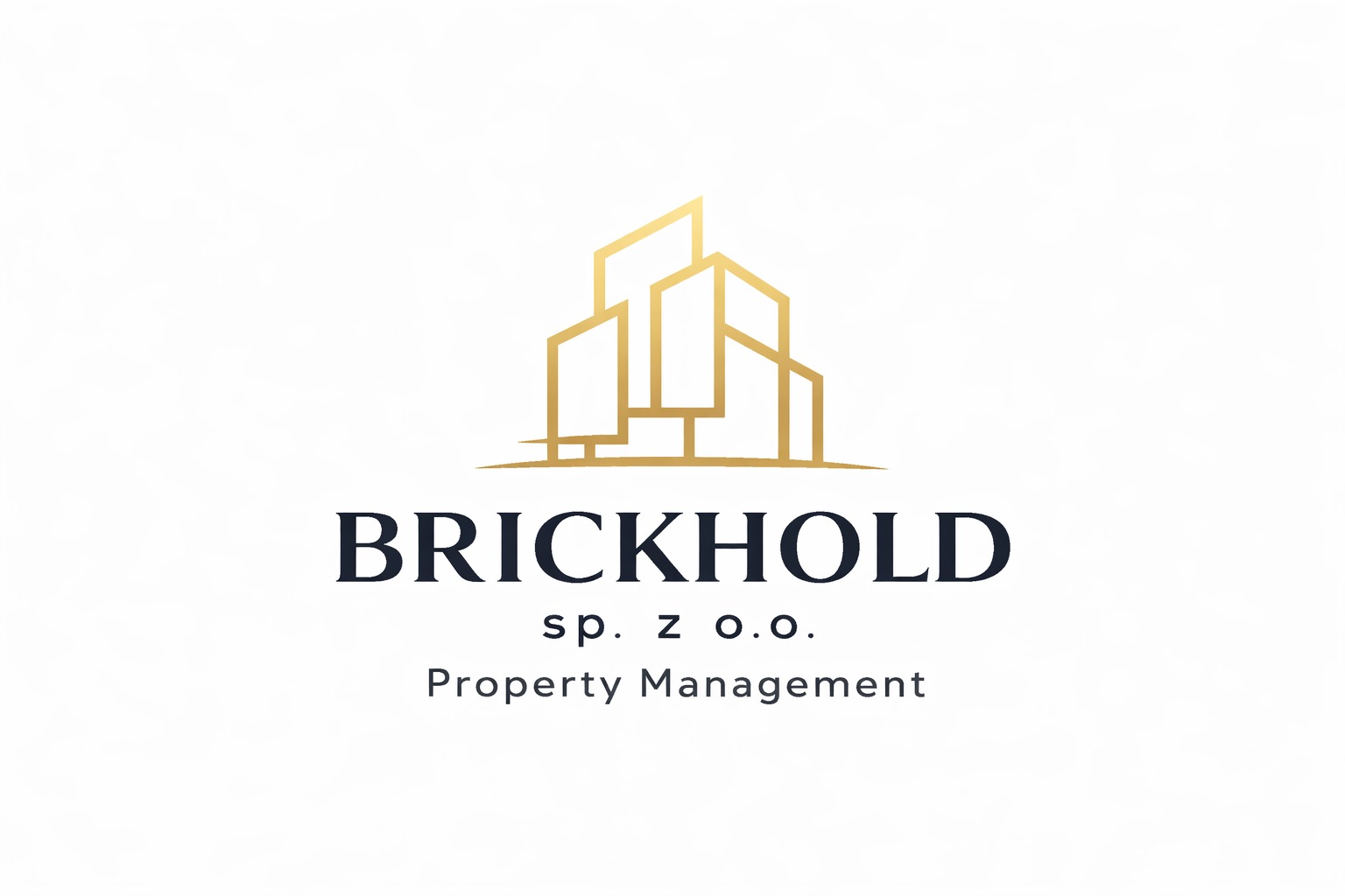 Eleganckie logo firmy Brickhold sp. z o.o. z abstrakcyjnym złotym symbolem budynku i napisem 'Property Management' na jasnym tle.