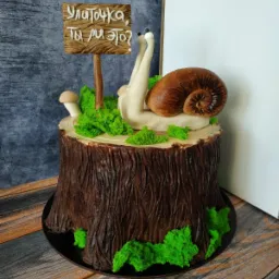 Tort w kształcie pnia drzewa z czekoladową korą, zieloną dekoracją przypominającą mech, figurką ślimaka z podniesionymi oczami i tabliczką z napisem w języku rosyjskim.