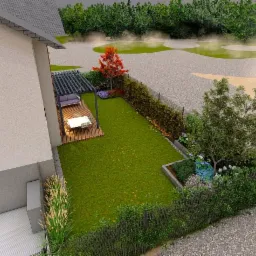 Projekt ogrodu z pergolą z metalową konstrukcją, drewnianym tarasem, stołem i sofą, widok z góry na trawnik, rabaty kwiatowe, drzewa i krzewy wzdłuż ogrodzenia.