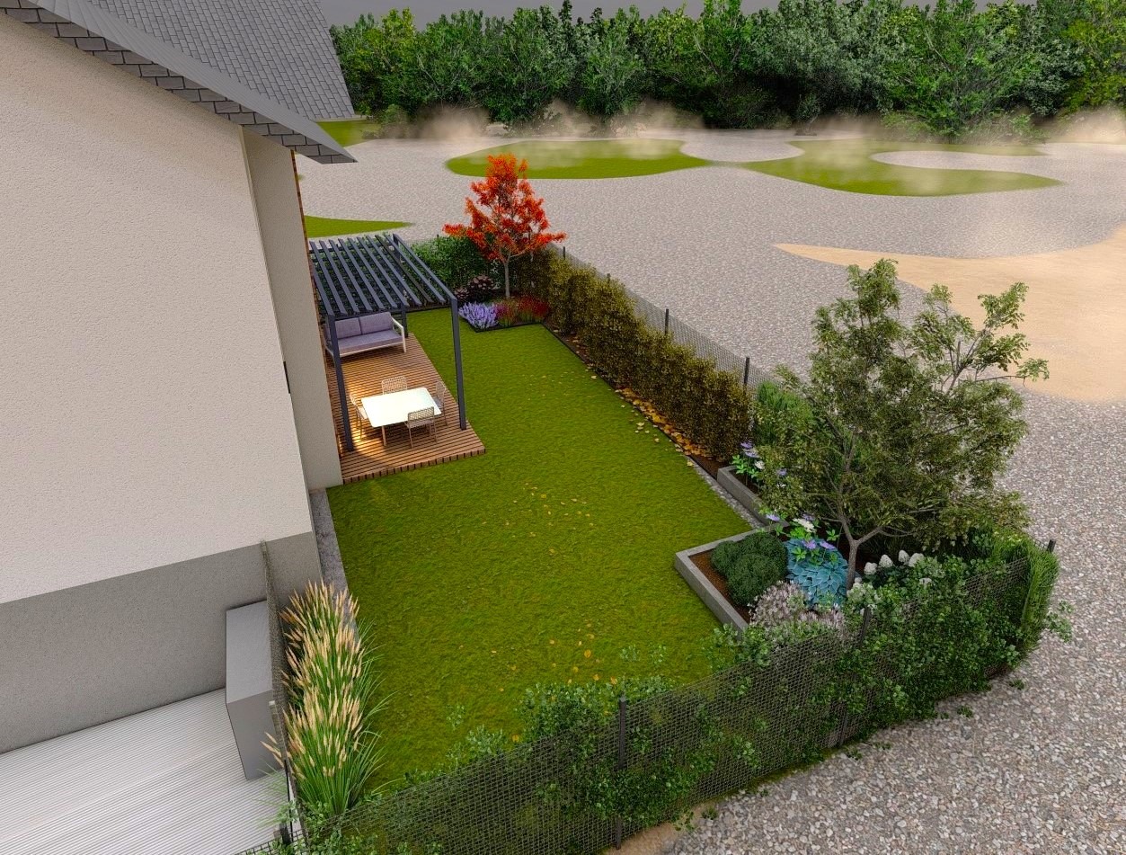 Projekt ogrodu z pergolą z metalową konstrukcją, drewnianym tarasem, stołem i sofą, widok z góry na trawnik, rabaty kwiatowe, drzewa i krzewy wzdłuż ogrodzenia.