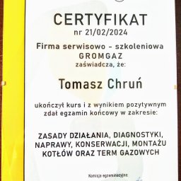Certyfikat z zakresu serwisu i montażu kotłów gazowych.