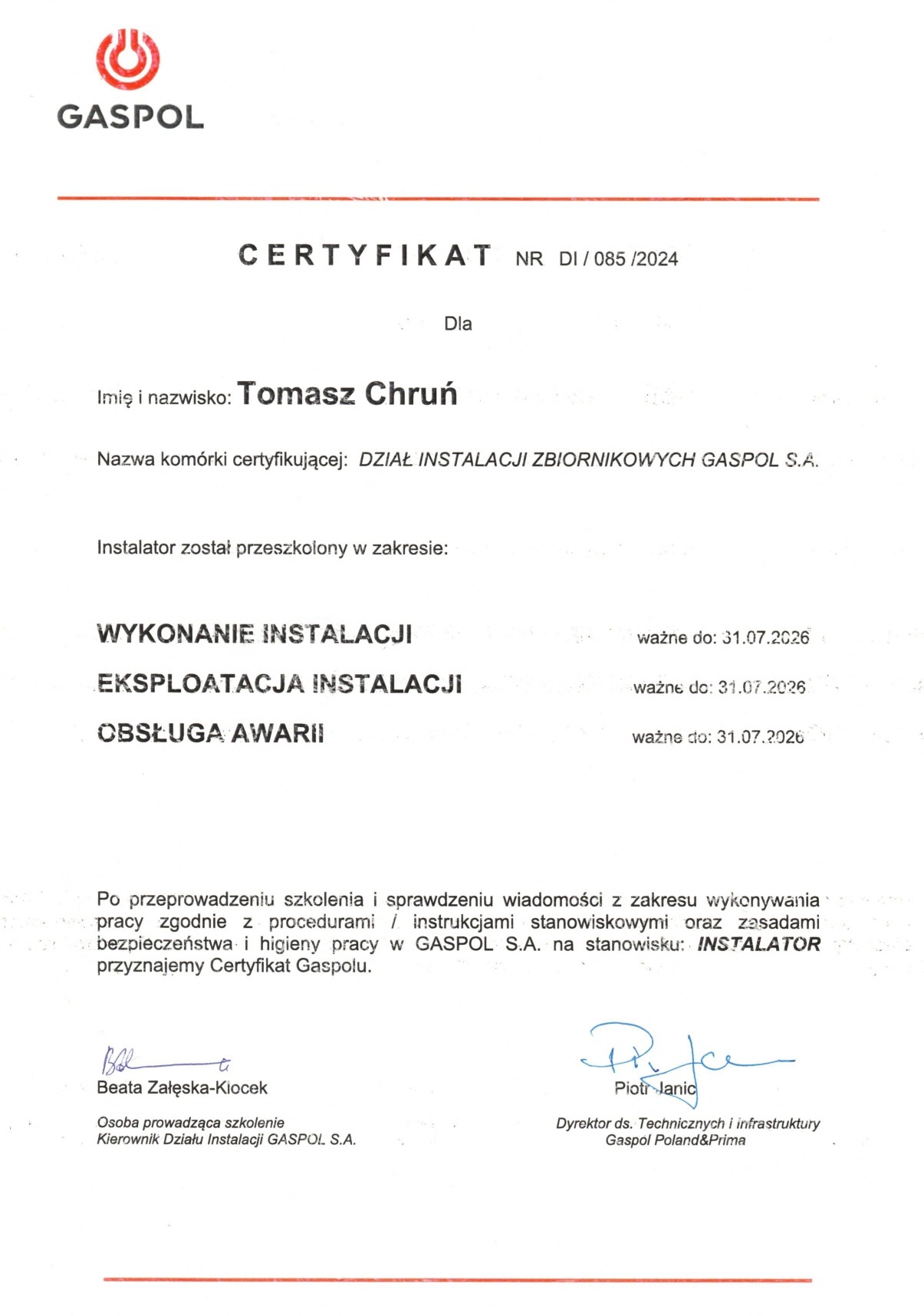 Certyfikat - montaż zbiorników