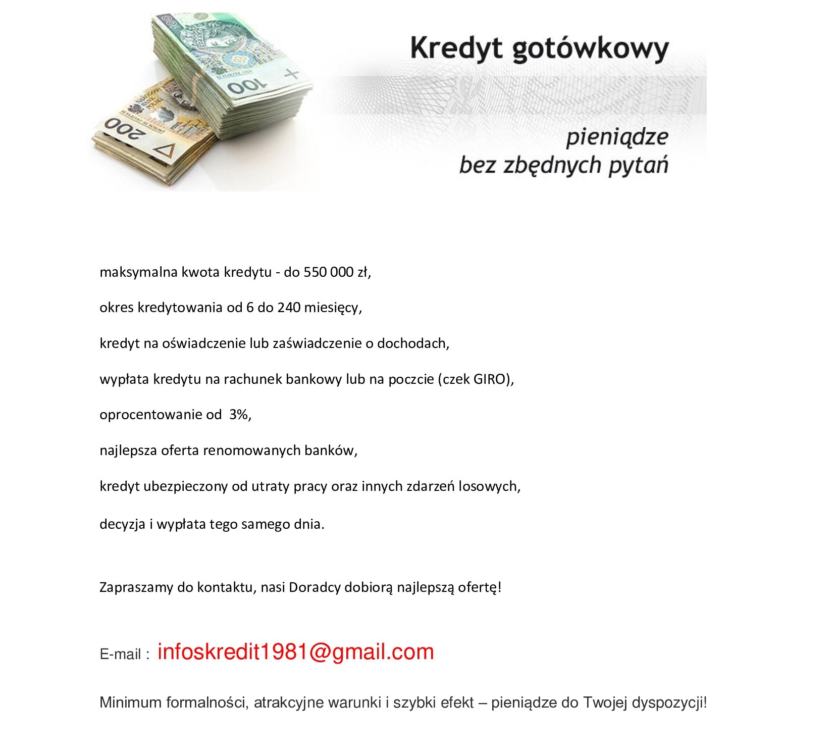 Stos banknotów polskich złotych obok tekstu reklamującego ofertę finansową z informacjami o maksymalnej kwocie, okresie kredytowania i oprocentowaniu.