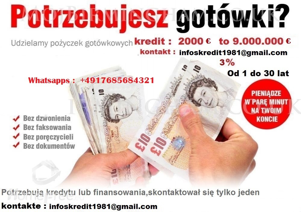 Oferta pożyczki gotówkowej: dłoń trzyma plik banknotów 10 funtowych. Informacje o kredycie, kontakt WhatsApp i e-mail. Bez dzwonienia i formalności.