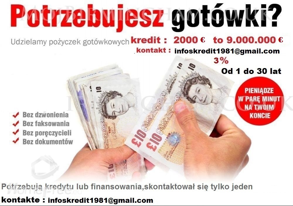 Ogłoszenie pożyczki gotówkowej: banknoty 10 funtów w dłoni, oferta od 2000 do 9 000 000 euro, bez dzwonienia i poręczycieli, pieniądze w kilka minut.