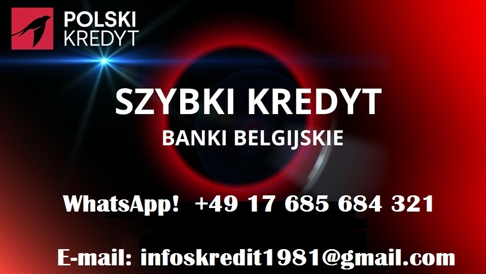 Grafika z logo 'Polski Kredyt', hasłem 'Szybki Kredyt', informacją o bankach belgijskich oraz danymi kontaktowymi: WhatsApp i E-mail na czerwono-czarnym tle.