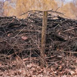 Naturalna bariera ogrodowa wykonana z gałęzi i drewnianych słupków na tle jesiennego krajobrazu.