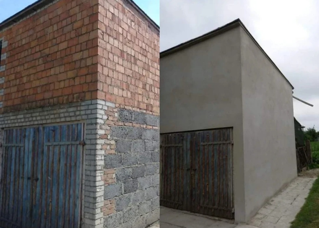 Porównanie elewacji budynku przed i po nałożeniu tynku: surowa cegła i bloczki kontra gładka, szara powierzchnia.