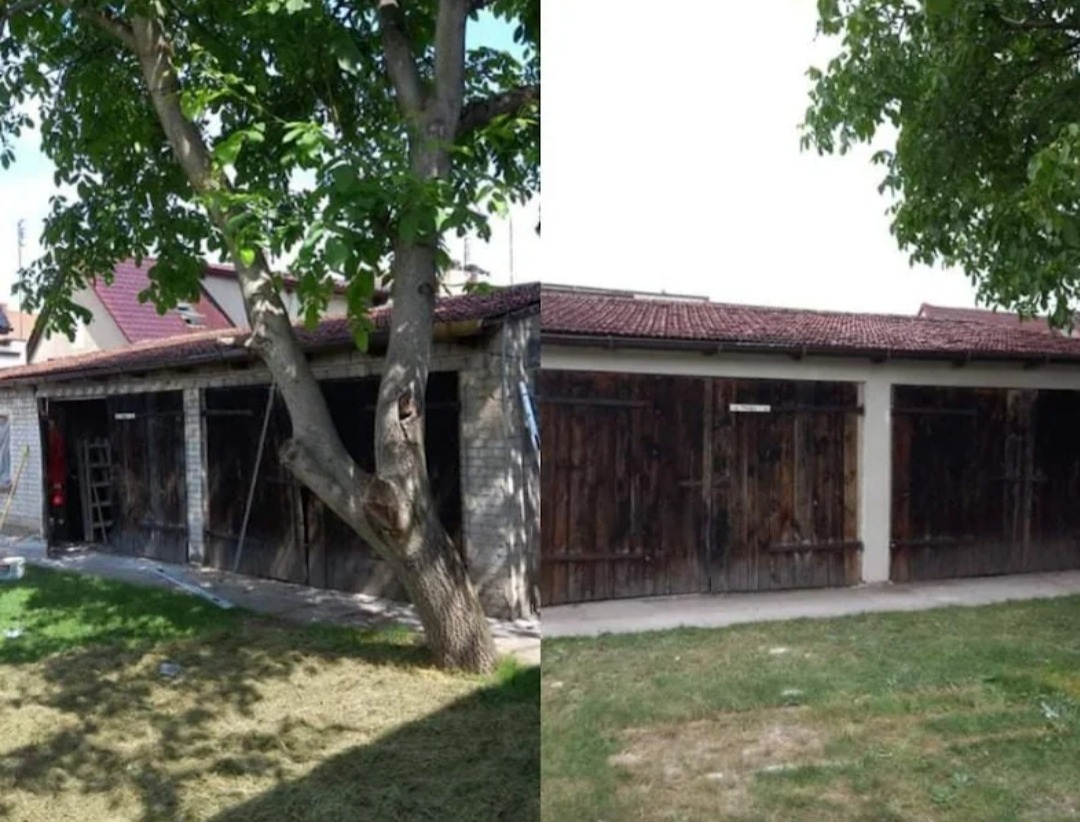 Porównanie stanu garażu przed i po remoncie: odnowiona fasada z drewnianymi wrotami garażowymi, z widocznymi śladami wcześniejszego użytkowania po lewej stronie i świeżo pomalowaną elewacją po prawej.